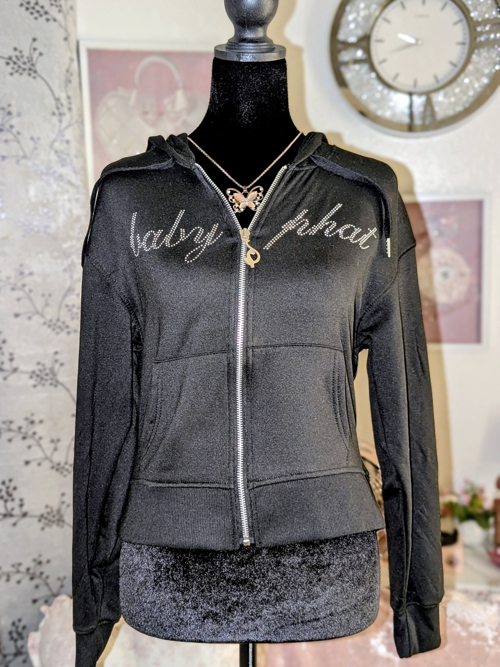 🖤 Baby Phat Black Rhinestone Zip Up Hoodie Y2K Graphic Jacket 🖤
